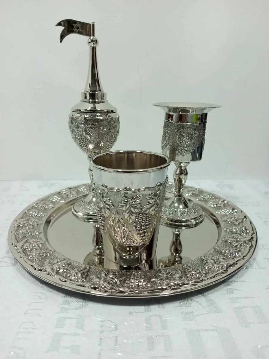 Set de Havdalá Metálico con Bandeja Redonda – 22 cm - Judaica Breslov Colombia