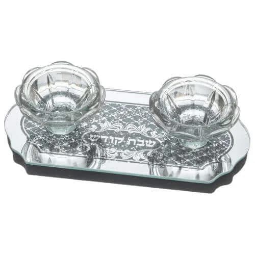 Candelabro de Vidrio “Shabat Kodesh” con Bandeja y Detalle Plateado - Comprar en Barranquilla