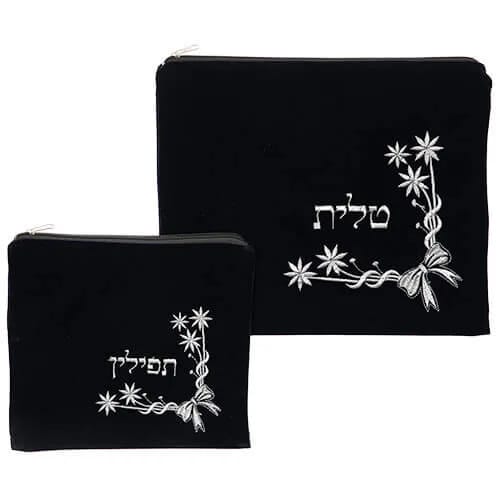 Set de Bolsas para Talit y Tefilín – Terciopelo Azul Oscuro con Flores - Judaica Breslov Colombia