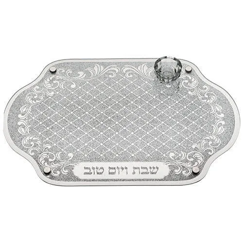 Bandeja para Jalot de Vidrio con Porta Sal – Diseño Rombos Plateado - Bandeja para Jalot de Vidrio con Porta Sal – Diseño Rombos Plateado - Judaica Breslov Colombia