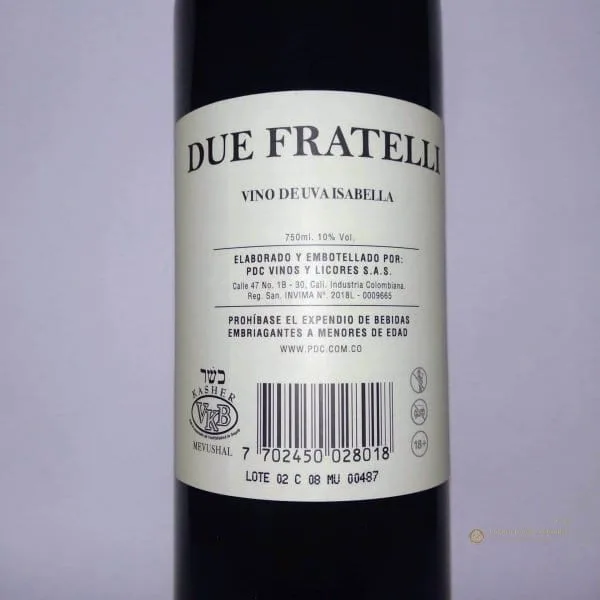 Vino Kosher Due Fratelli para Kidush - vista 2 | Judaica Breslov Colombia
